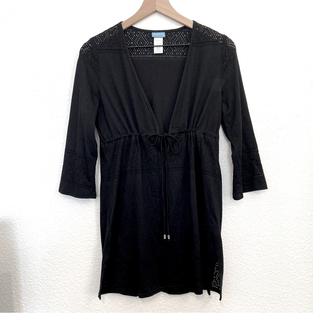 Y2K Dotti Swim Coverup Dress Tunic Black Size Medium Cutouts V Neck Pullover
